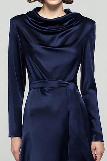 Navy Cowl neck Long Sleeve Work Dress With Belt